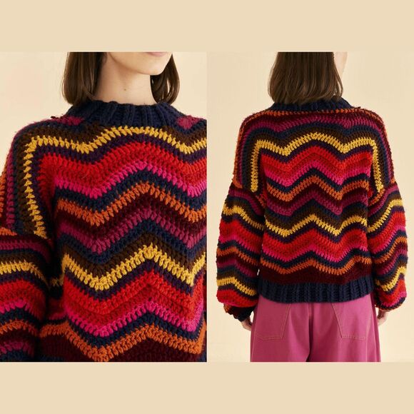 NWT Farm Rio Colorful Waves Crochet High Neck Chevron Sweater - Picture 3 of 5